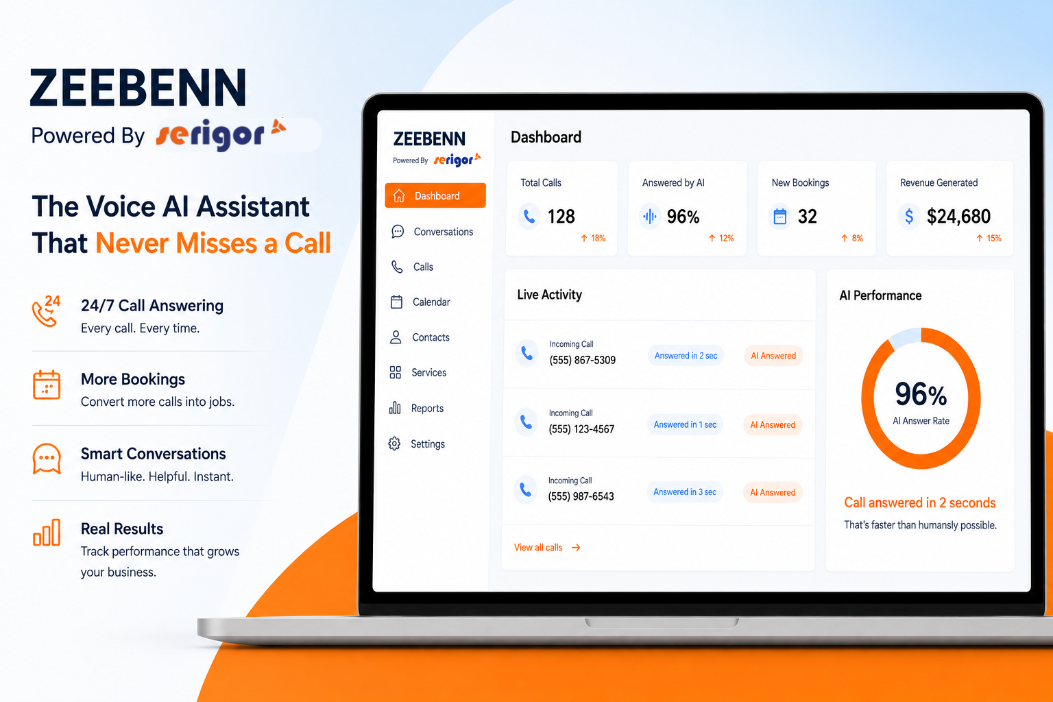 ZEEBENN AI voice assistant interface showing an incoming call answered in under 2 seconds